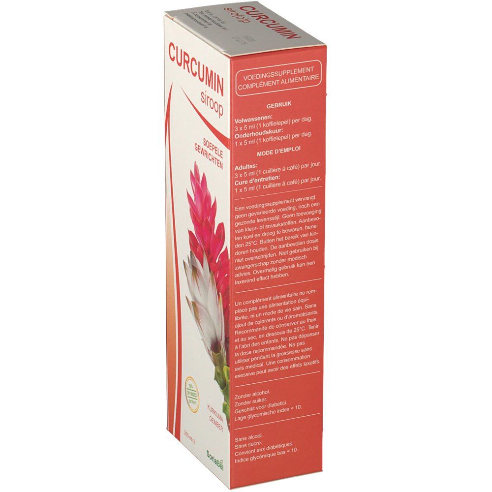 Verpakking met Curcumin siroop. Opschrift: CURCUMIN siroop, Voedingssupplement. Gebruiksaanwijzing. Afbeelding van een bloem.