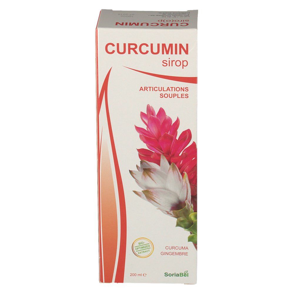 Verpakking met Curcumin siroop. Opschrift: CURCUMIN siroop, Articulations souples. Afbeelding van een bloem. 200 ml.