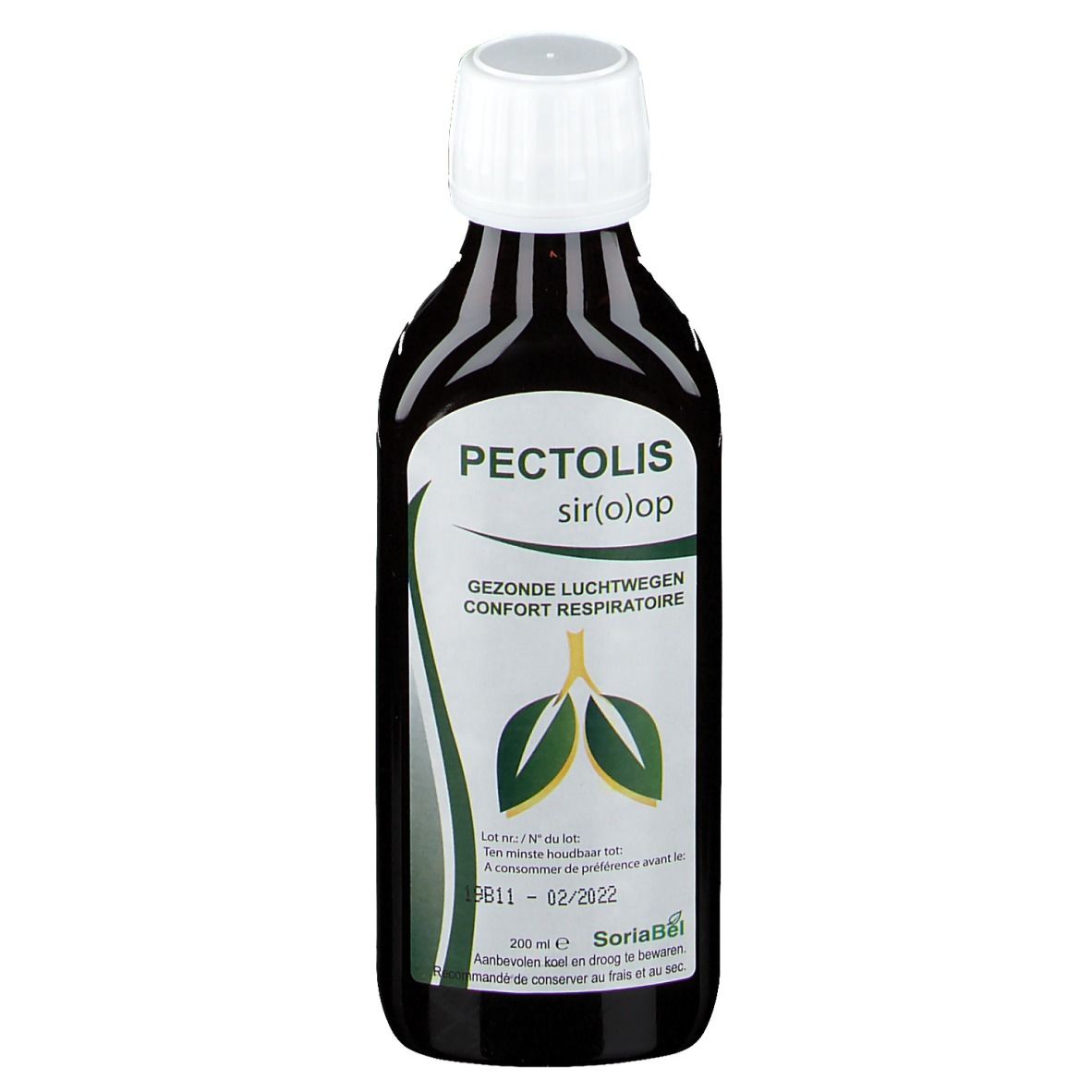 Bruine fles met witte dop. Opschrift Pectolis sir(o)op, groene bladeren-afbeelding, tekst in meerdere talen.