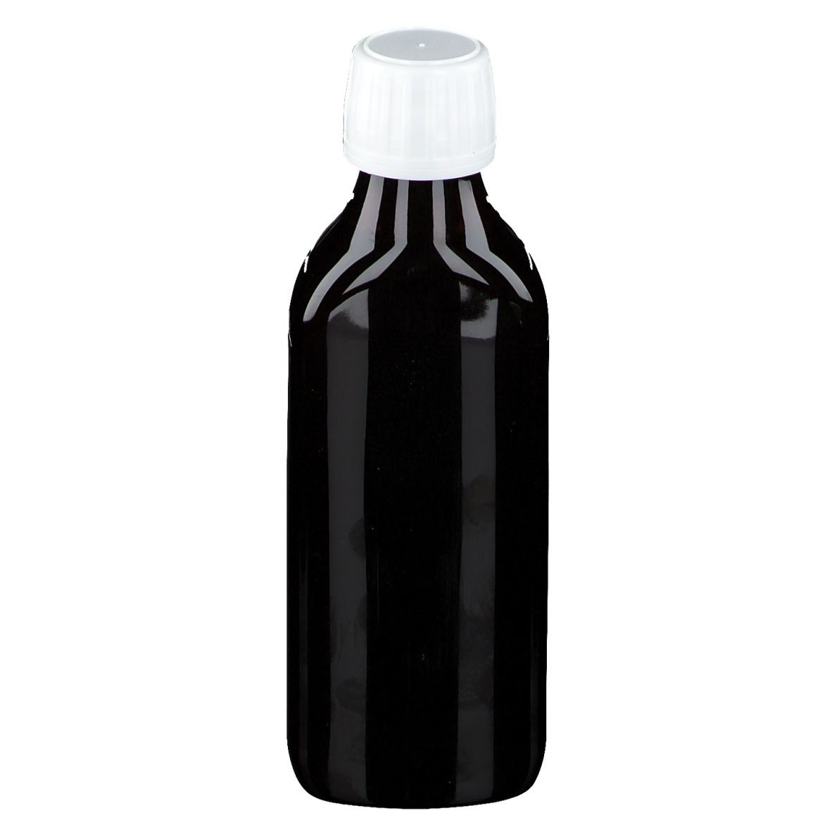 Bruine fles met witte dop. Opschrift onleesbaar.