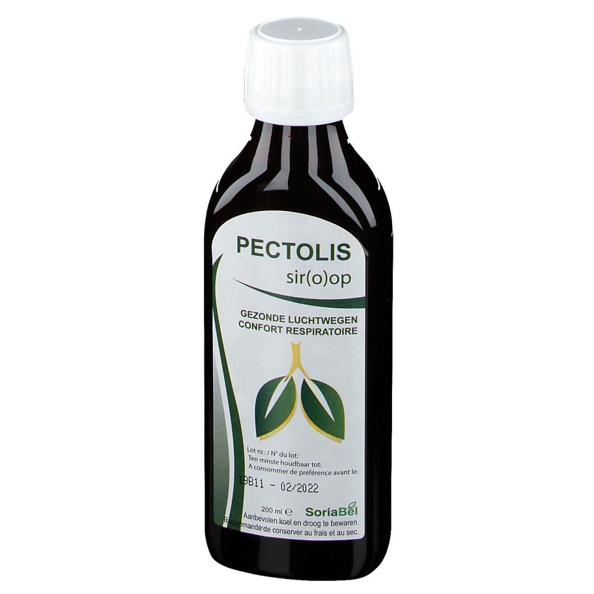 Bruine fles met witte dop. Opschrift Pectolis sir(o)op, groene bladeren-afbeelding, tekst in meerdere talen.