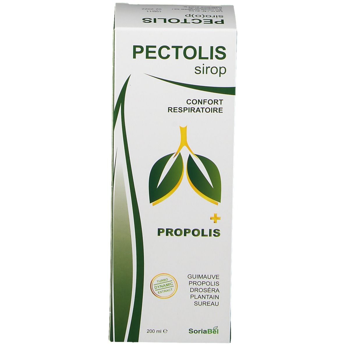 Productverpakking. Opschrift Pectolis siroop, groene bladeren-afbeelding, tekst in meerdere talen.