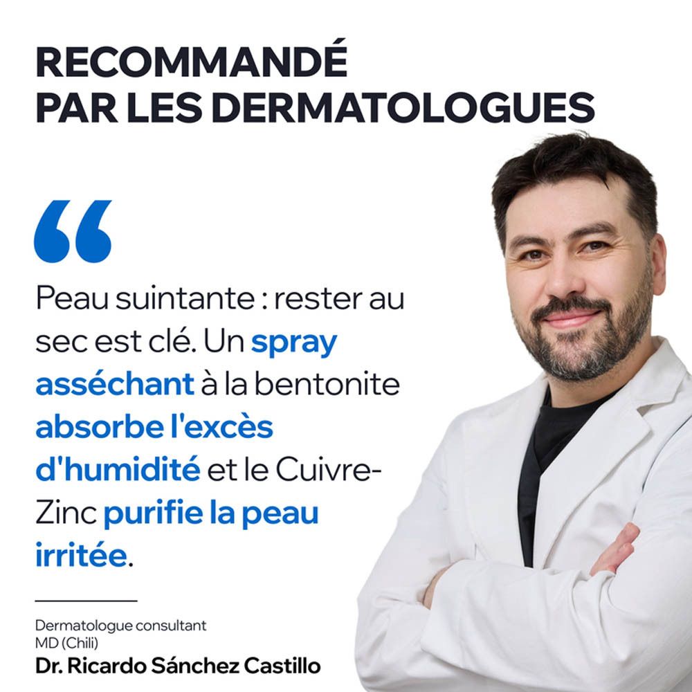 Dermatologue recommande un spray à la bentonite pour absorber l'excès d'humidité et au cuivre-zinc pour purifier la peau irritée.