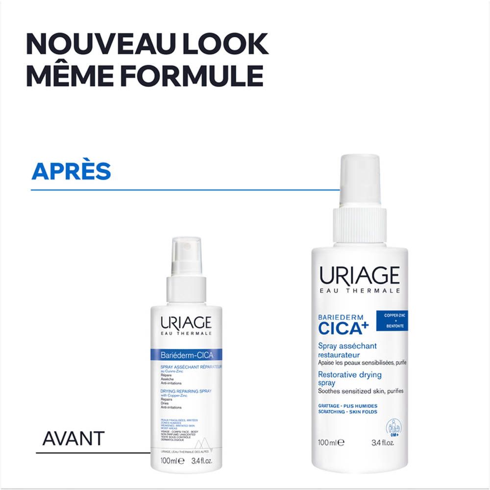 Deux sprays Uriage Bariederm Cica+, un dans un emballage plus petit (avant) et un dans un emballage plus grand (après).