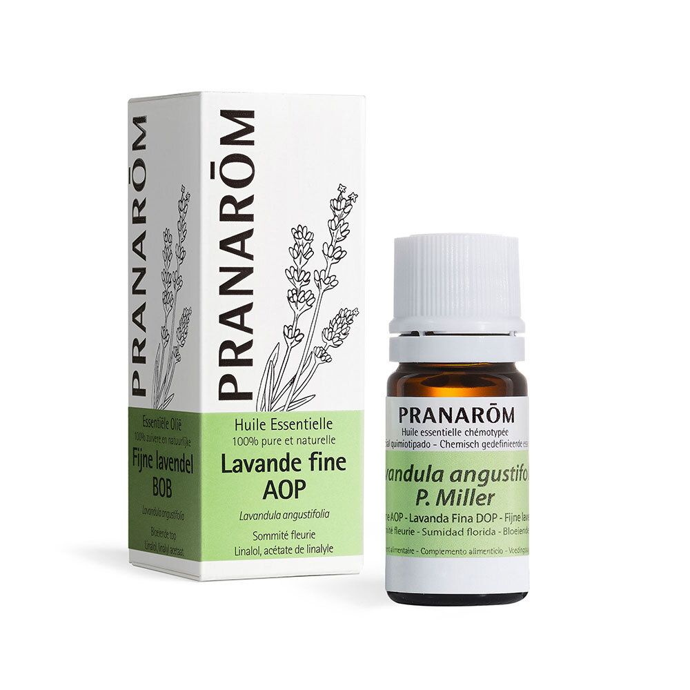 Flacon et boîte d'huile essentielle PRANAROM Lavande fine AOP. Inscription: 100% pure et naturelle.