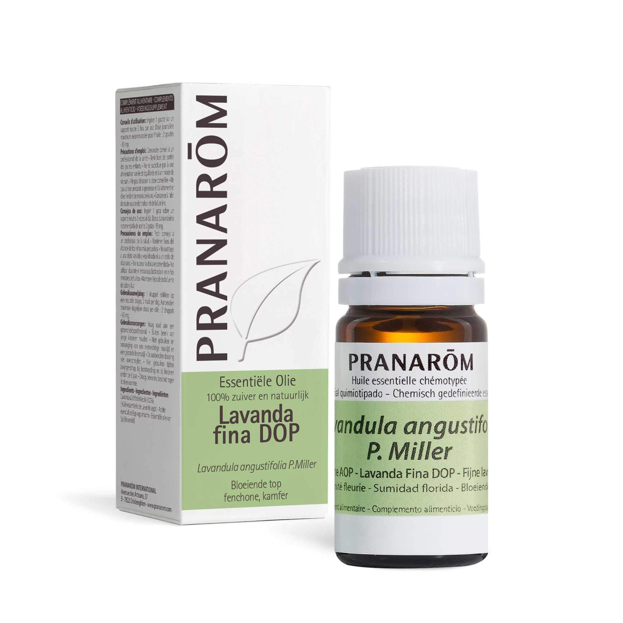PRANAROM flesje en doosje. Tekst: Lavanda fina DOP. 100% zuiver.