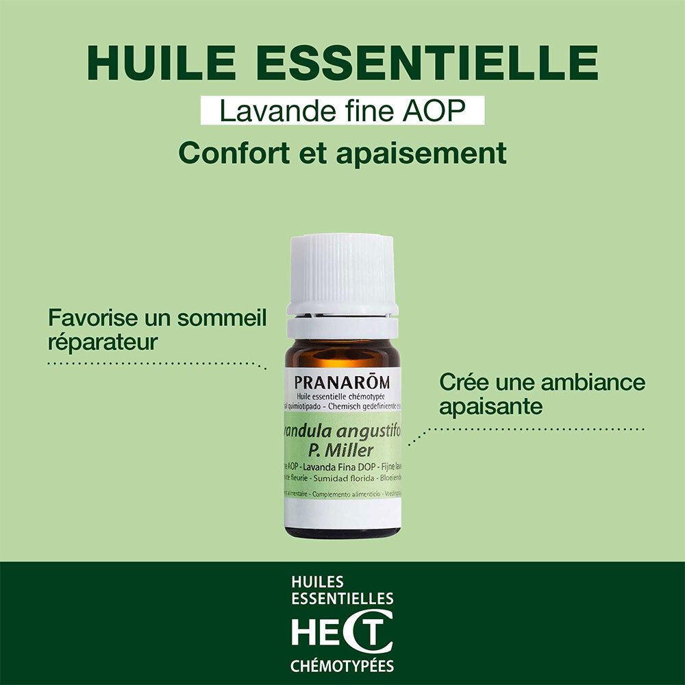 Publicité pour huile essentielle. Texte: Huile essentielle Lavande fine AOP. Favorise le sommeil et apaise.