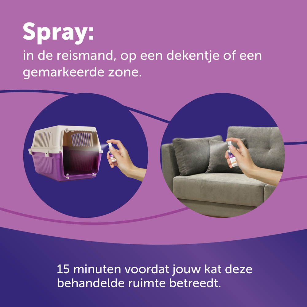FELIWAY Classic Spray. Vrouw met kat. Tekst: Gebruiksaanwijzing.