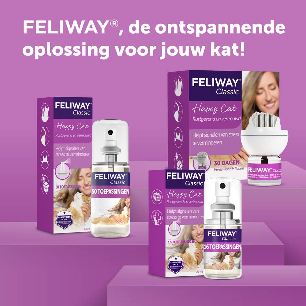 FELIWAY Classic Spray. Productafbeelding. Tekst: Ontspannen oplossing voor uw kat.
