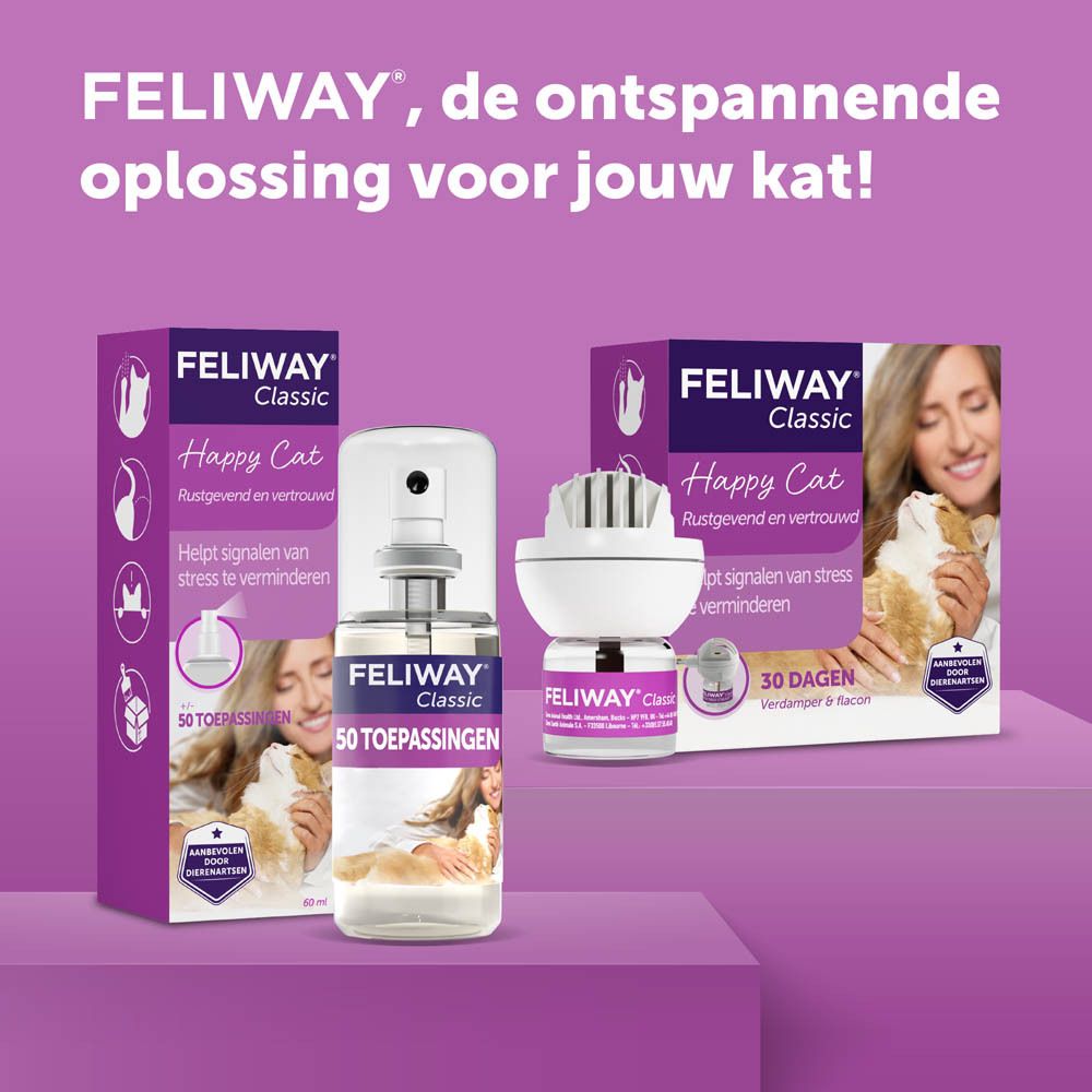 Feliway Classic spray en diffuser. Opschrift: Feliway, de ontspannende oplossing voor jouw kat!