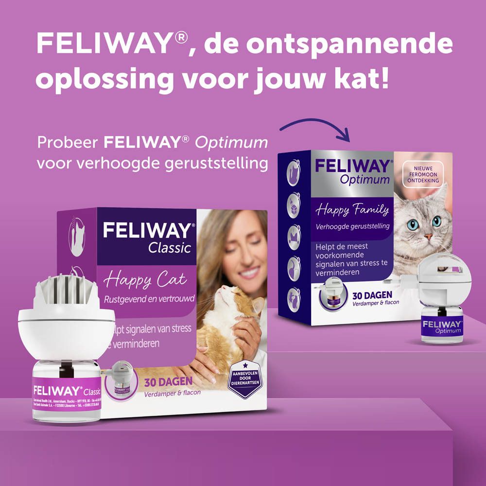 FELIWAY® Classic. Productafbeelding. Tekst: FELIWAY®, de ontspannende oplossing voor jouw kat!