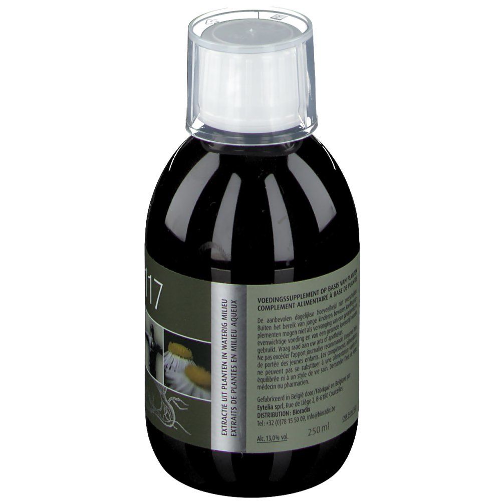 Liquide brun dans une bouteille avec bouchon blanc. Inscription: Extrait de plantes en milieu aqueux. Étiquette avec texte.