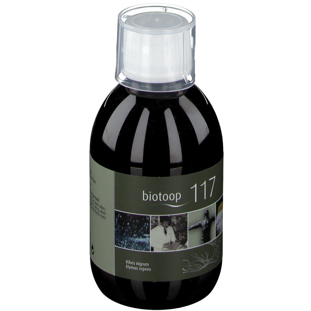 Liquide brun dans une bouteille avec bouchon blanc. Inscription: biotoop 117. Étiquette avec texte et images.