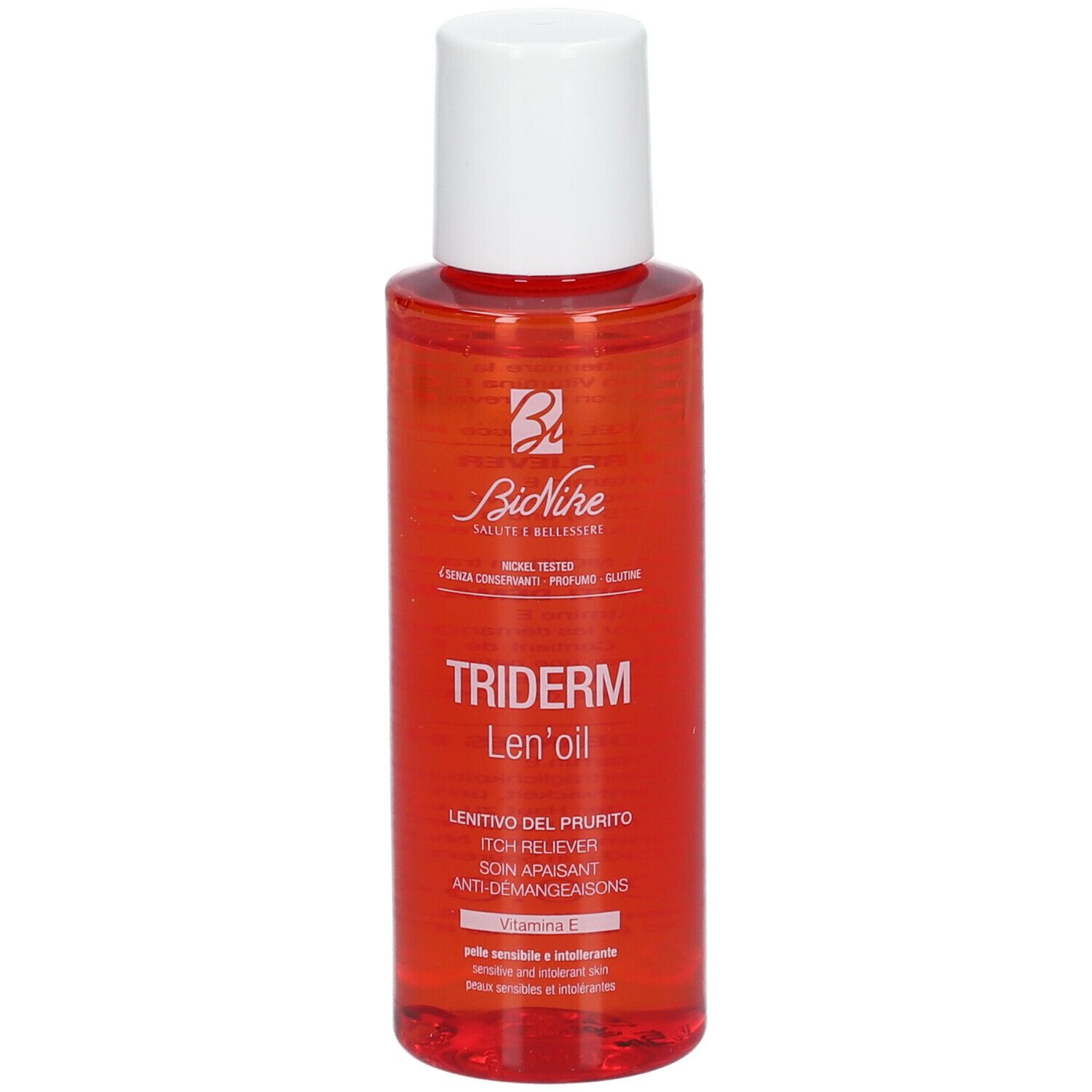 BioNike TRIDERM Len'oil. Rode fles met witte dop. Productnaam en tekst op etiket.