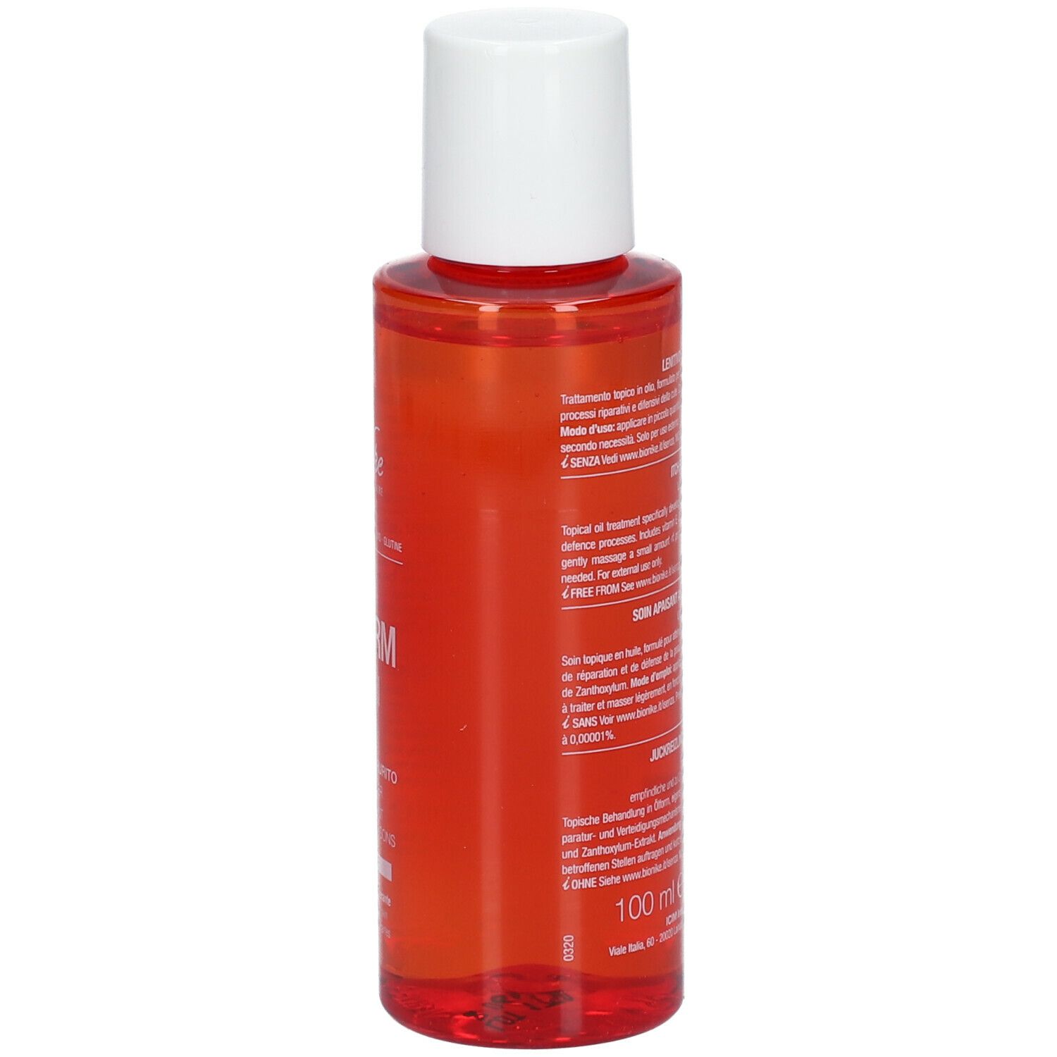BioNike TRIDERM Len'oil. Rode fles met witte dop. Tekst op etiket, 100 ml.