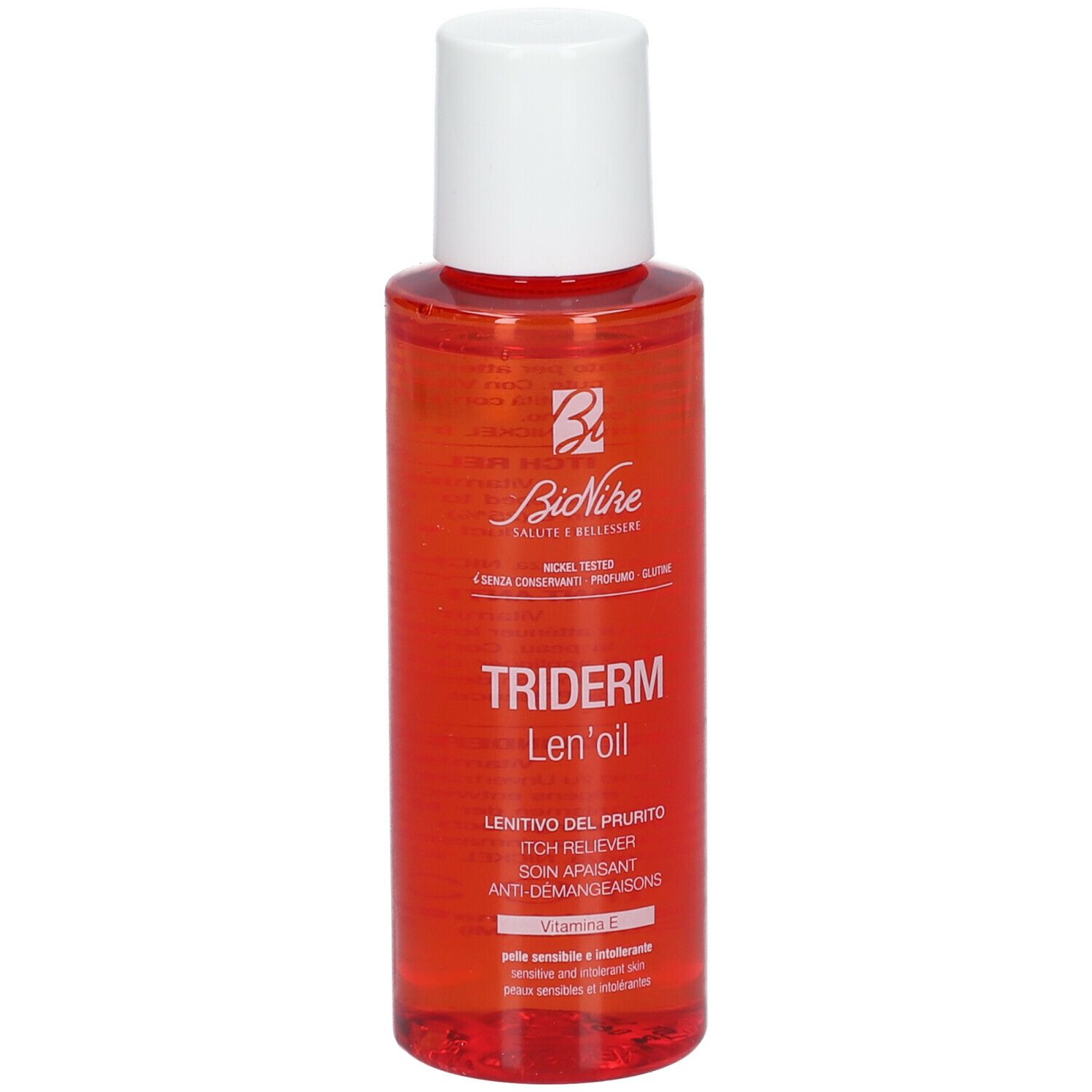 BioNike TRIDERM Len'oil. Rode fles met witte dop. Productnaam en tekst op etiket.