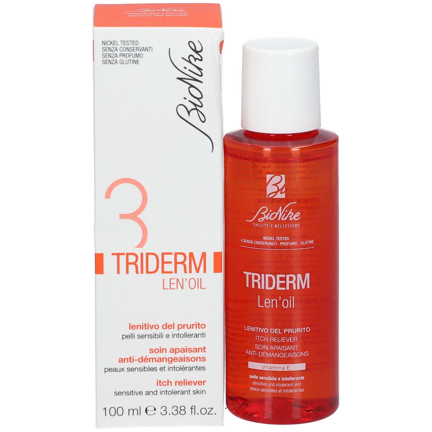 BioNike TRIDERM Len'oil. Fles en verpakking. Rode fles, witte verpakking met tekst.