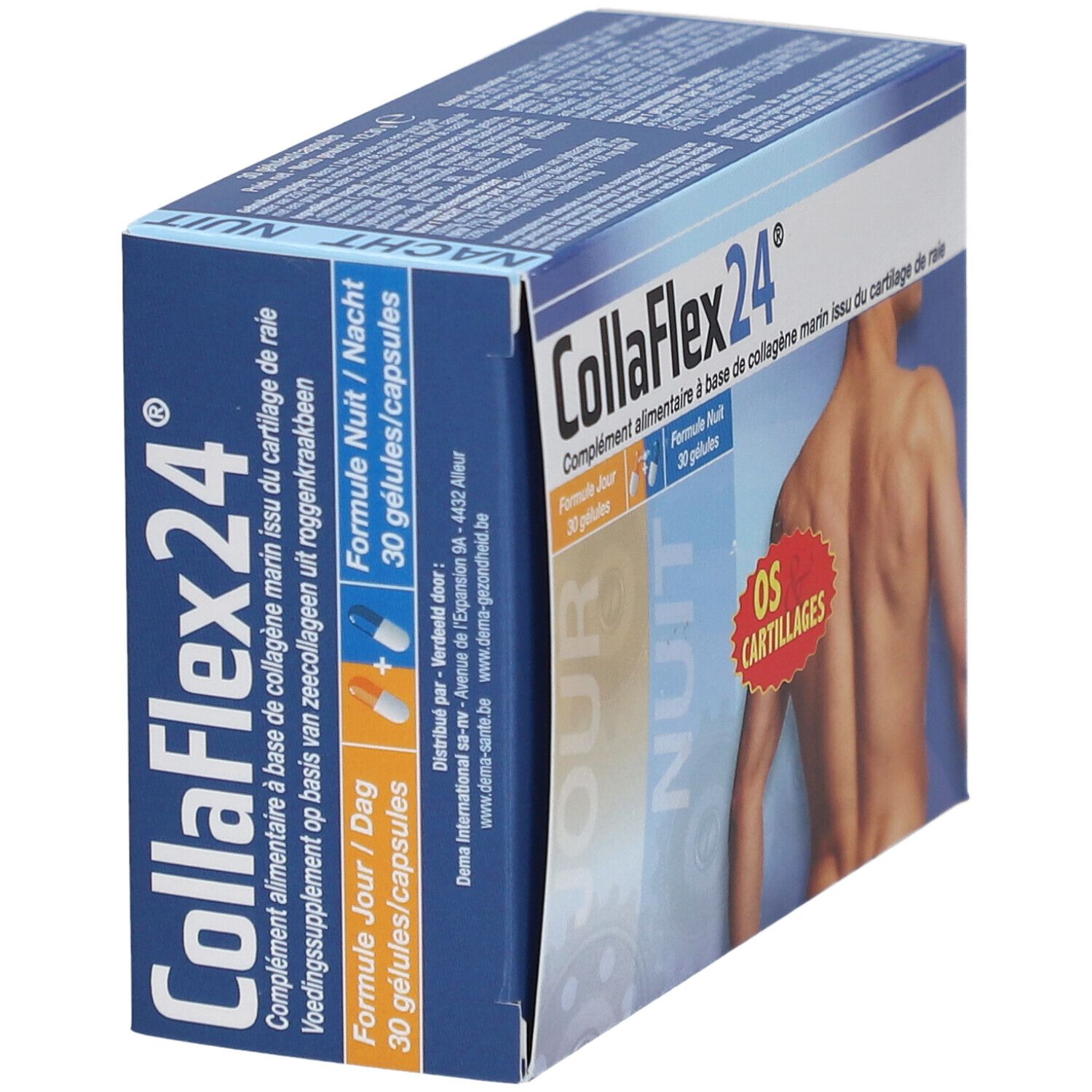 CollaFlex24®-verpakking. Bevat 30 dag- en 30 nachtcapsules. Opschrift: OS & CARTILAGES. Schuine weergave.