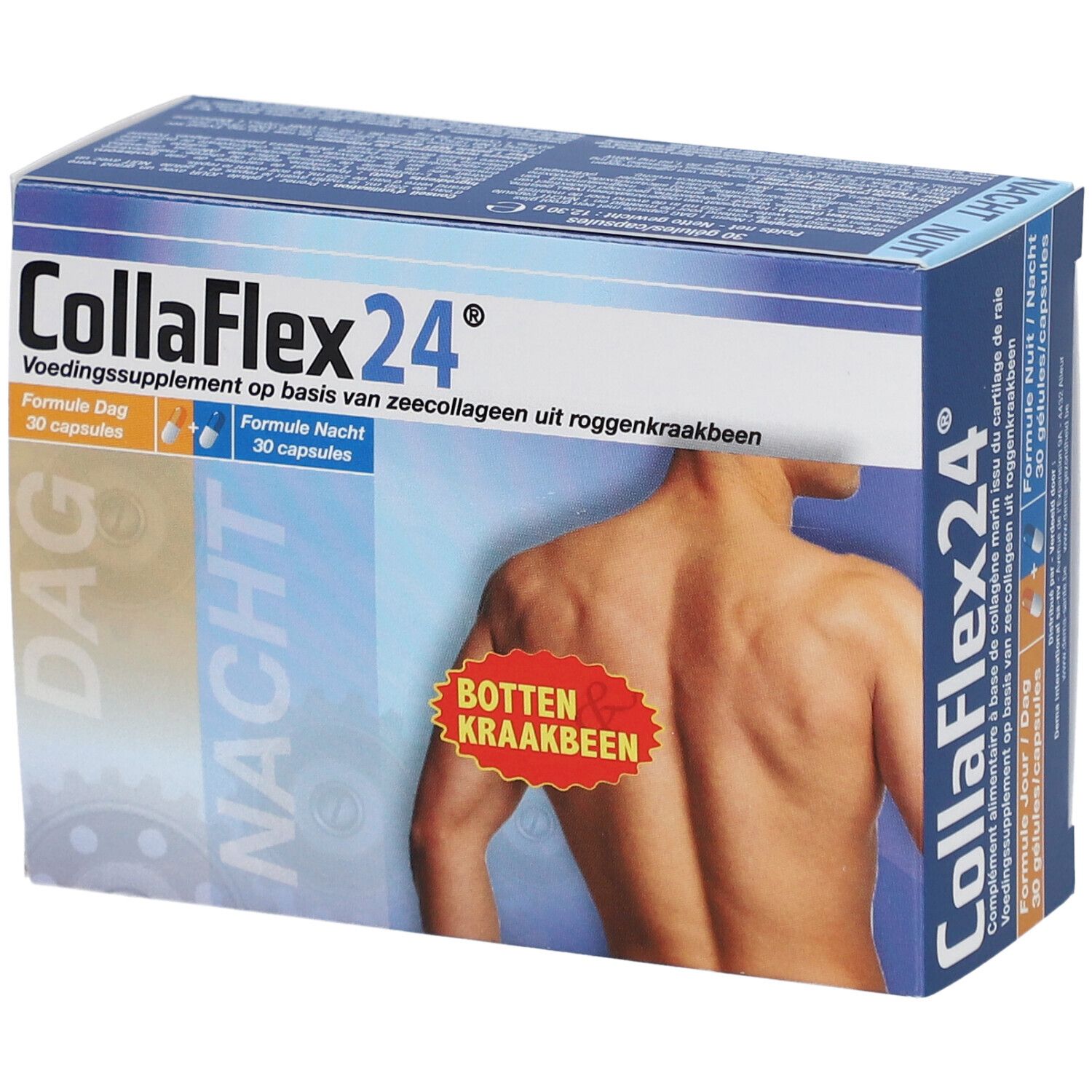 CollaFlex24®-verpakking. Bevat 30 dag- en 30 nachtcapsules. Opschrift: BOTTEN KRAAKBEEN. Schuine weergave.