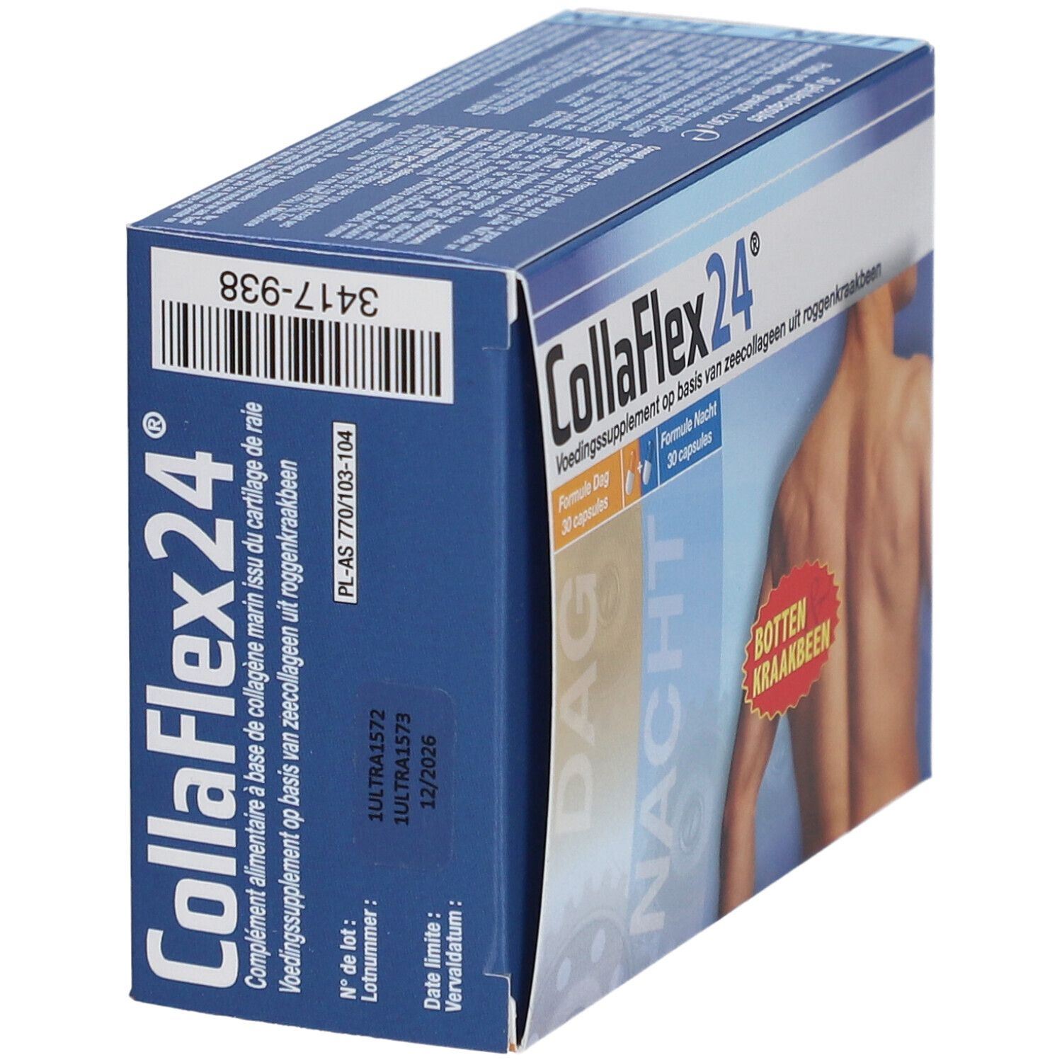 CollaFlex24®-verpakking. Bevat 30 dag- en 30 nachtcapsules. Opschrift: BOTTEN KRAAKBEEN. Schuine weergave.