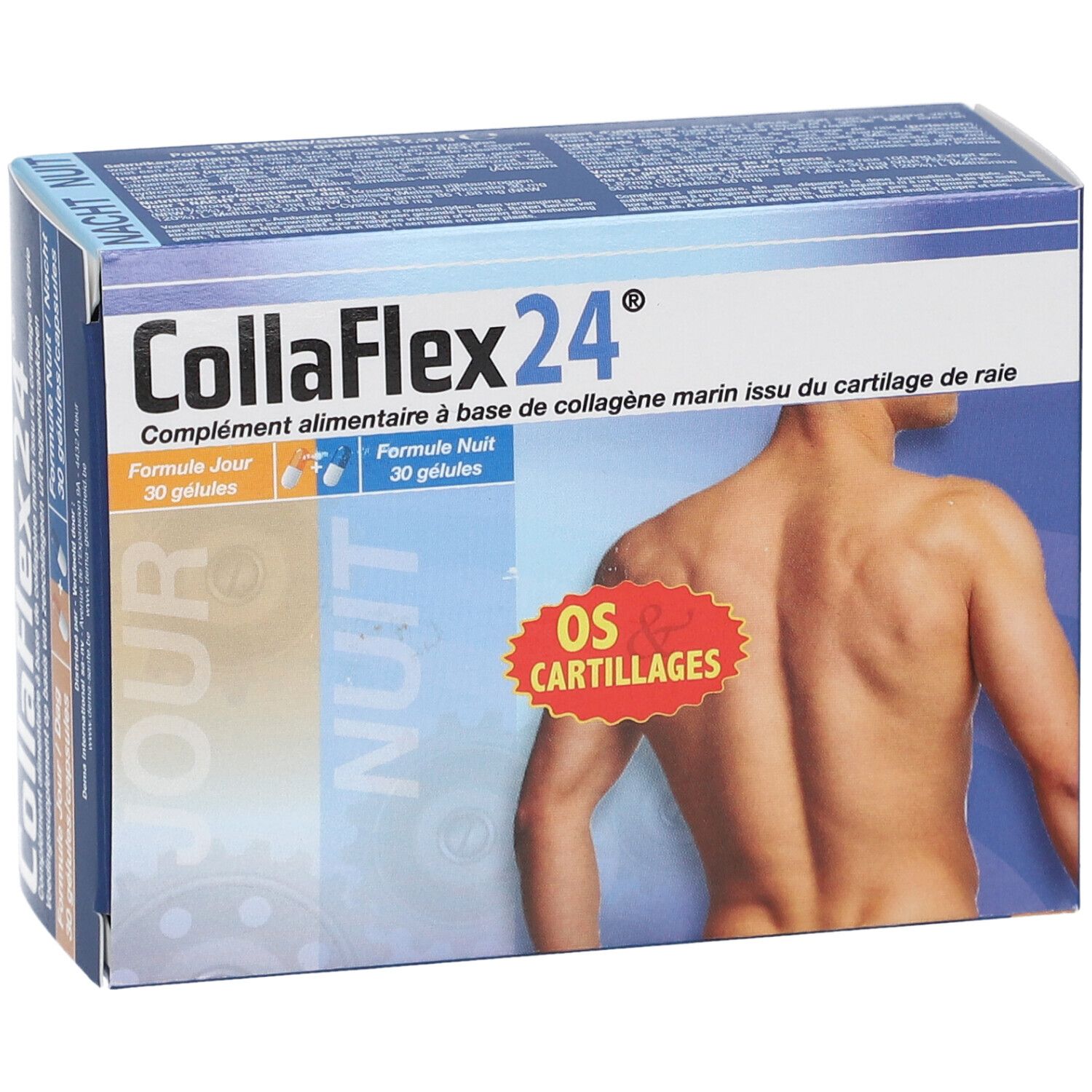 CollaFlex24®-verpakking. Bevat 30 dag- en 30 nachtcapsules. Opschrift: OS & CARTILAGES. Afbeelding van een rug.
