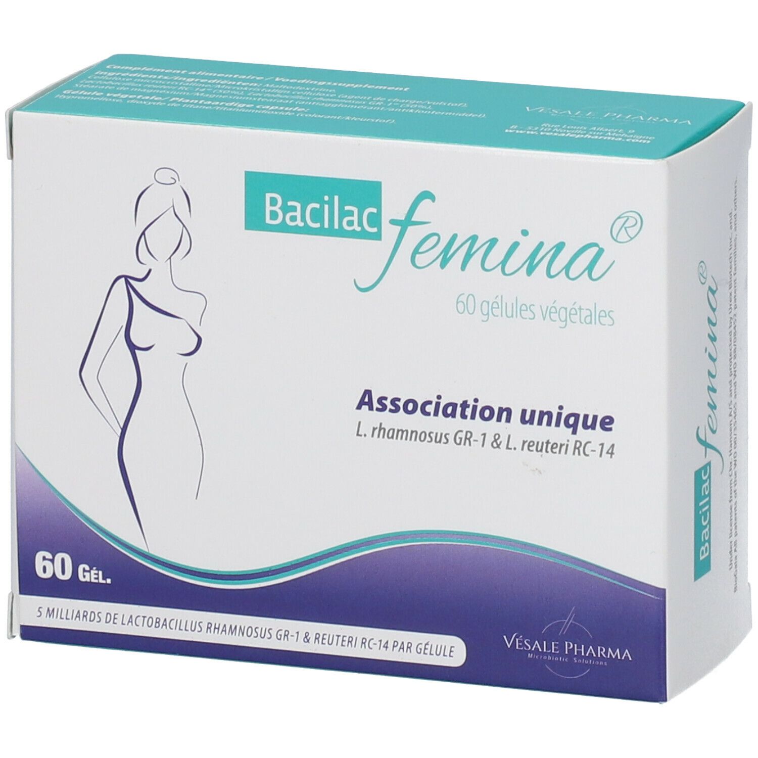 Boîte de Bacilac femina®. 60 gélules végétales. Association unique de L. rhamnosus GR-1 & L. reuteri RC-14.
