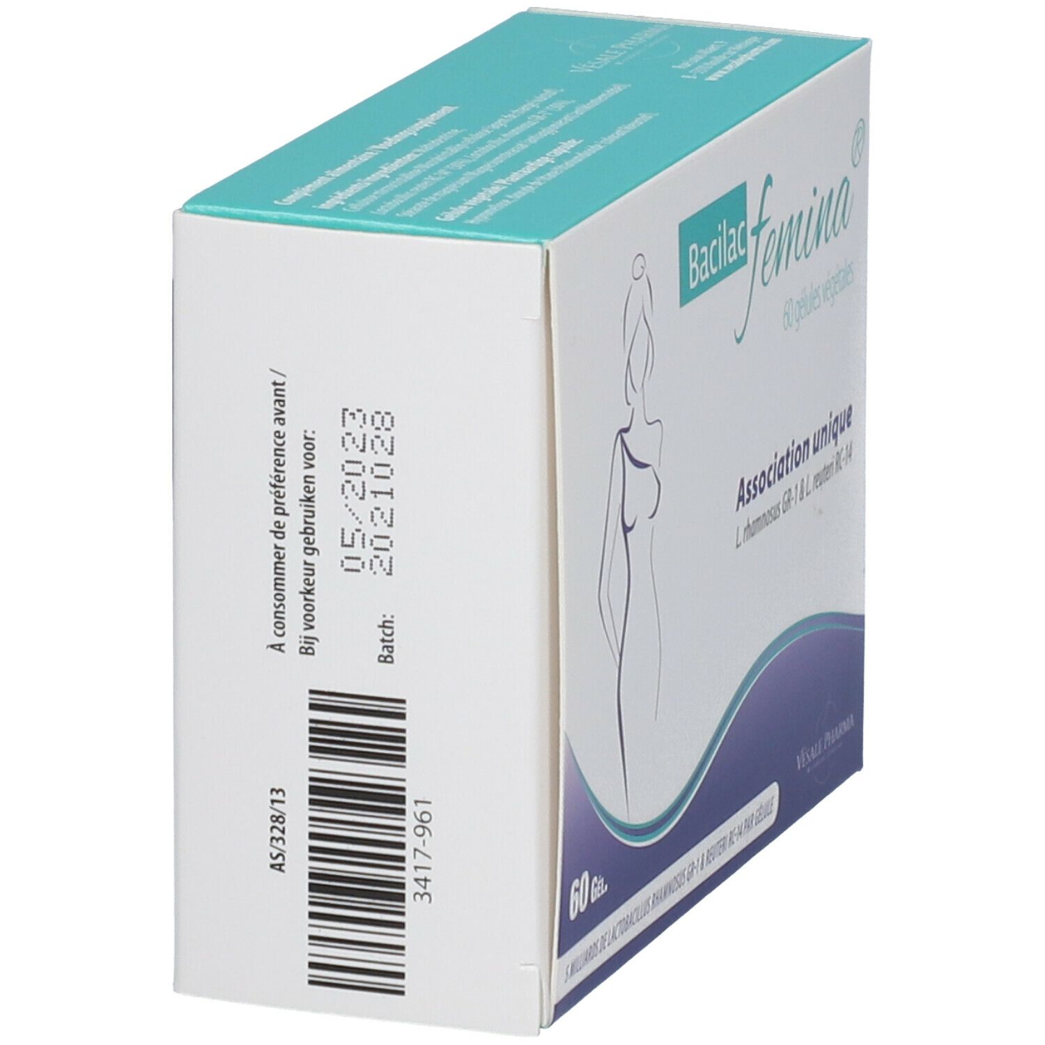 Dos de boîte Bacilac femina®. Numéro de lot et date de péremption. Contient 60 gélules.