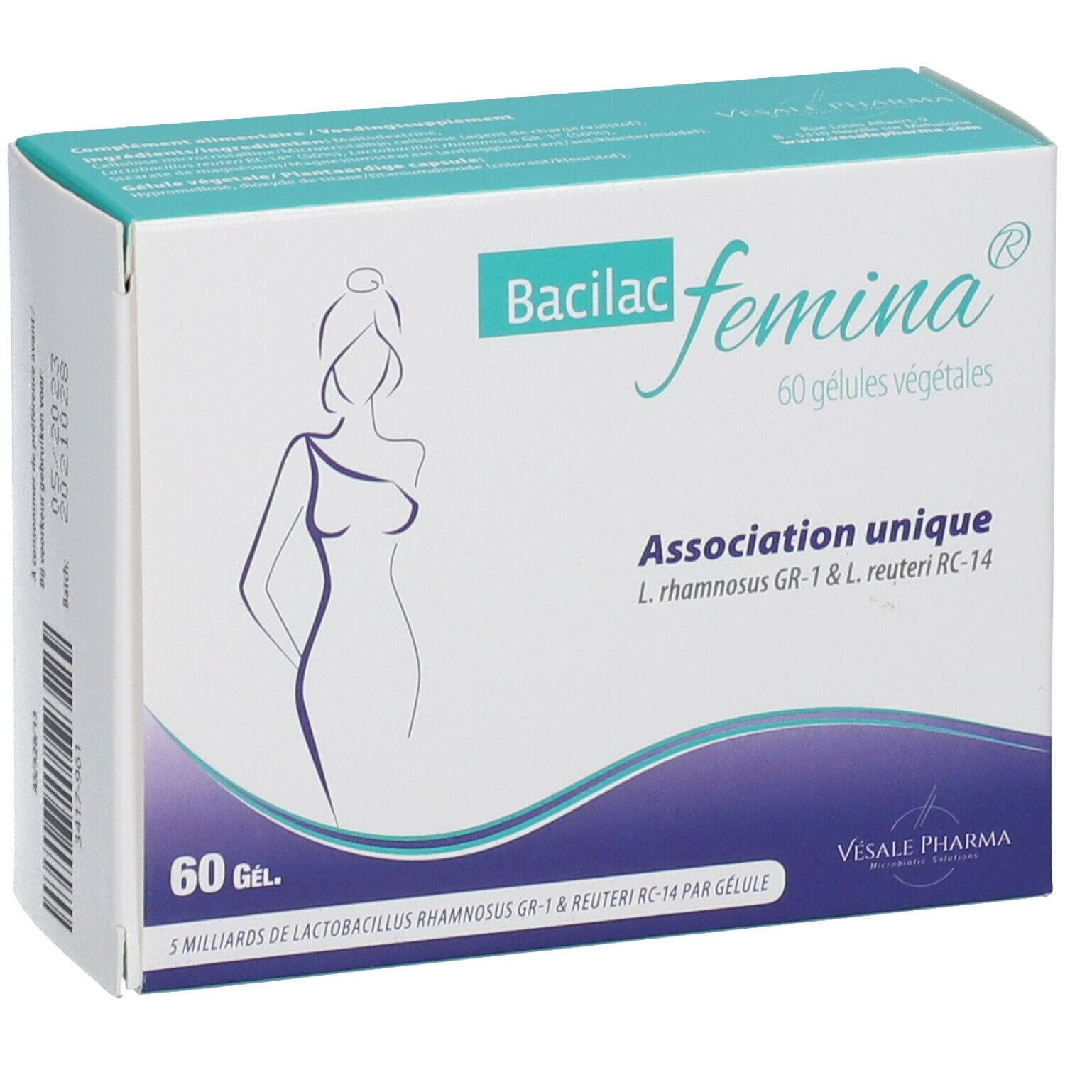 Boîte de Bacilac femina®. 60 gélules végétales. Association unique de L. rhamnosus GR-1 & L. reuteri RC-14.