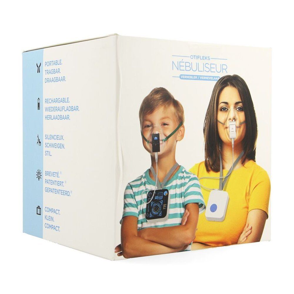 Verpakking met afbeelding van kind en vrouw met vernevelaars. Tekst: Otifleks Nébuliseur, draagbaar, oplaadbaar.