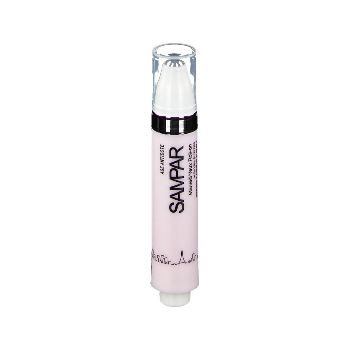 Roze roll-on met witte applicator en transparante dop. Opschrift SAMPAR en AGE ANTIDOTE.