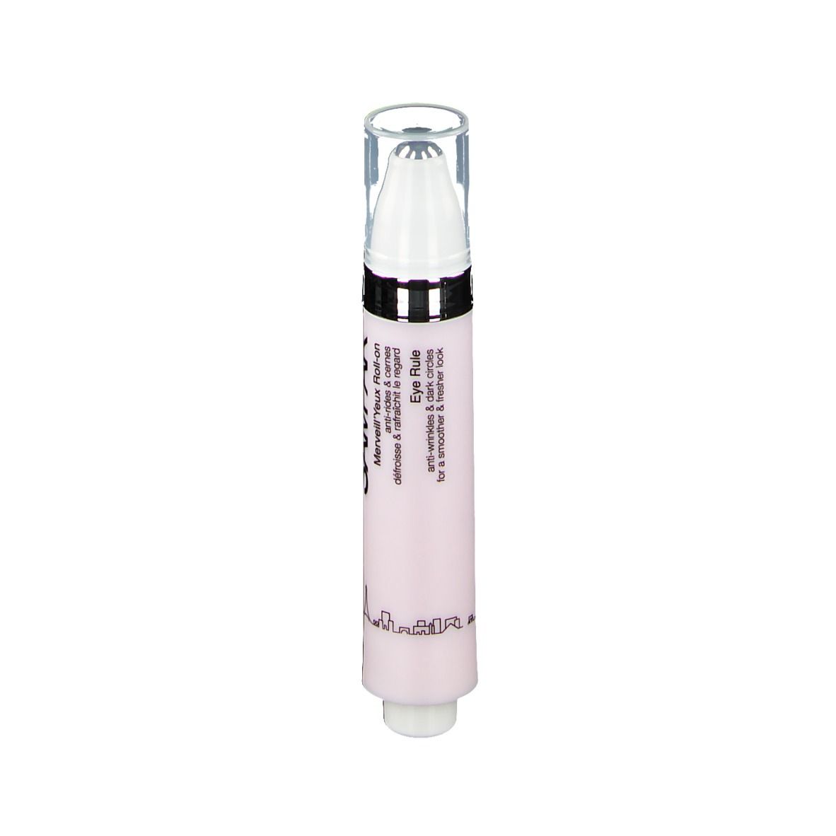 Roze roll-on met witte applicator en transparante dop. Opschrift SAMPAR en Eye Rule.