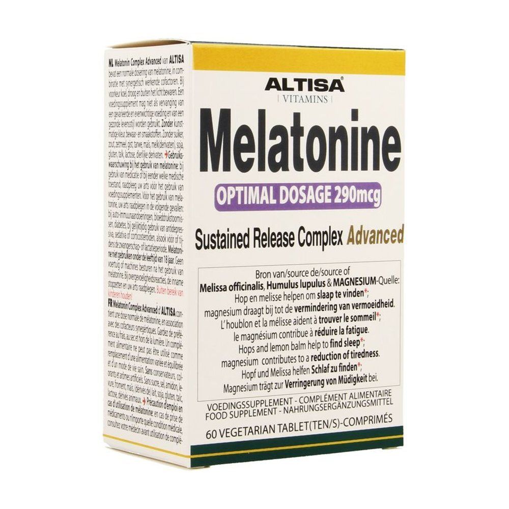 Altisa Melatonine Complex Advanced verpakking met 60 vegetarische tabletten.