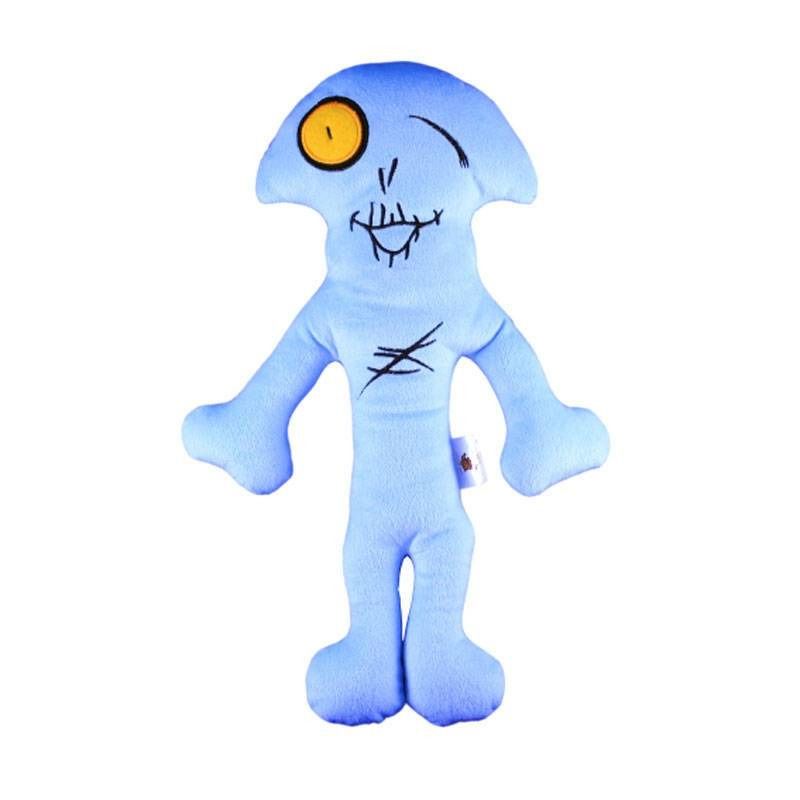 Blauw knuffel in schedelvorm met gele oog en gedrukt gezicht. Armen en benen uitgestrekt.