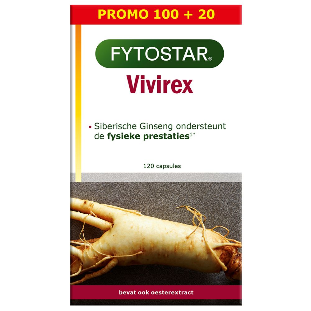 Fytostar Vivirex: Emballage avec ginseng et extrait d'huîtres. Soutient la performance physique.