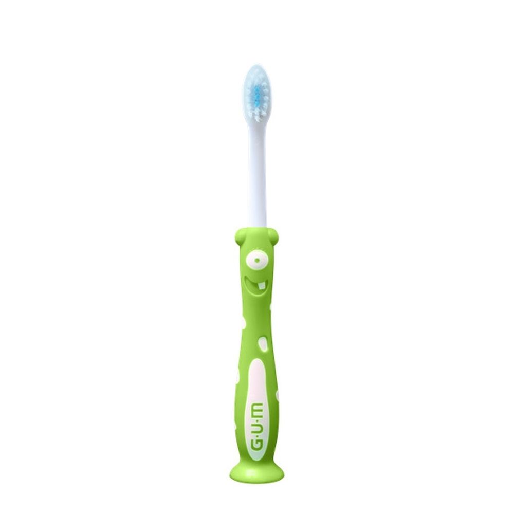 Groene G.U.M Kids tandenborstel met monsterdesign. Zachte borstelharen, aanbevolen voor 2+.