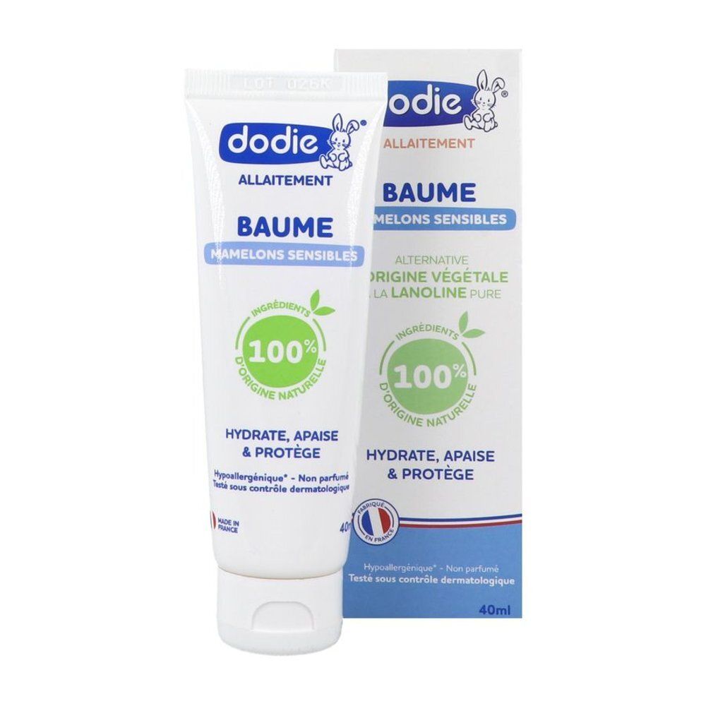 Tube et boîte de baume d'allaitement Dodie, 40ml. Ingrédients 100% d'origine naturelle.