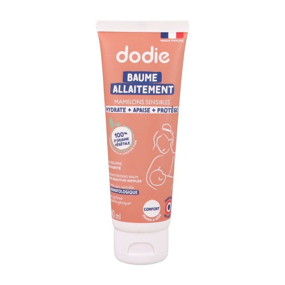 Tube de baume d'allaitement Dodie 50ml. Inscriptions: 'Baume Allaitement', 'Mamelons Sensibles', 'Hydrate + Apaise + Protège'.