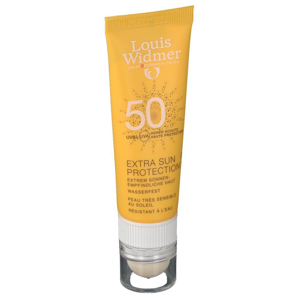 Gele tube Louis Widmer Extra Sonnenschutz SPF50. Witte applicator. Tekst: 50, Extra Sun Protection, waterbestendig.