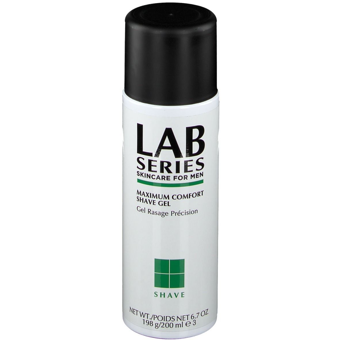 Cilindrische fles met zwarte dop. Opschrift: LAB SERIES, Maximum Comfort Shave Gel. Groen vierkant onderaan.