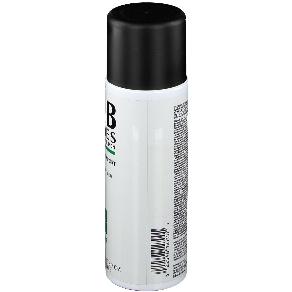 Cilindrische fles, zijaanzicht. Zwarte dop. Opschrift: LAB SERIES, Maximum Comfort Shave Gel. Streepjescode.