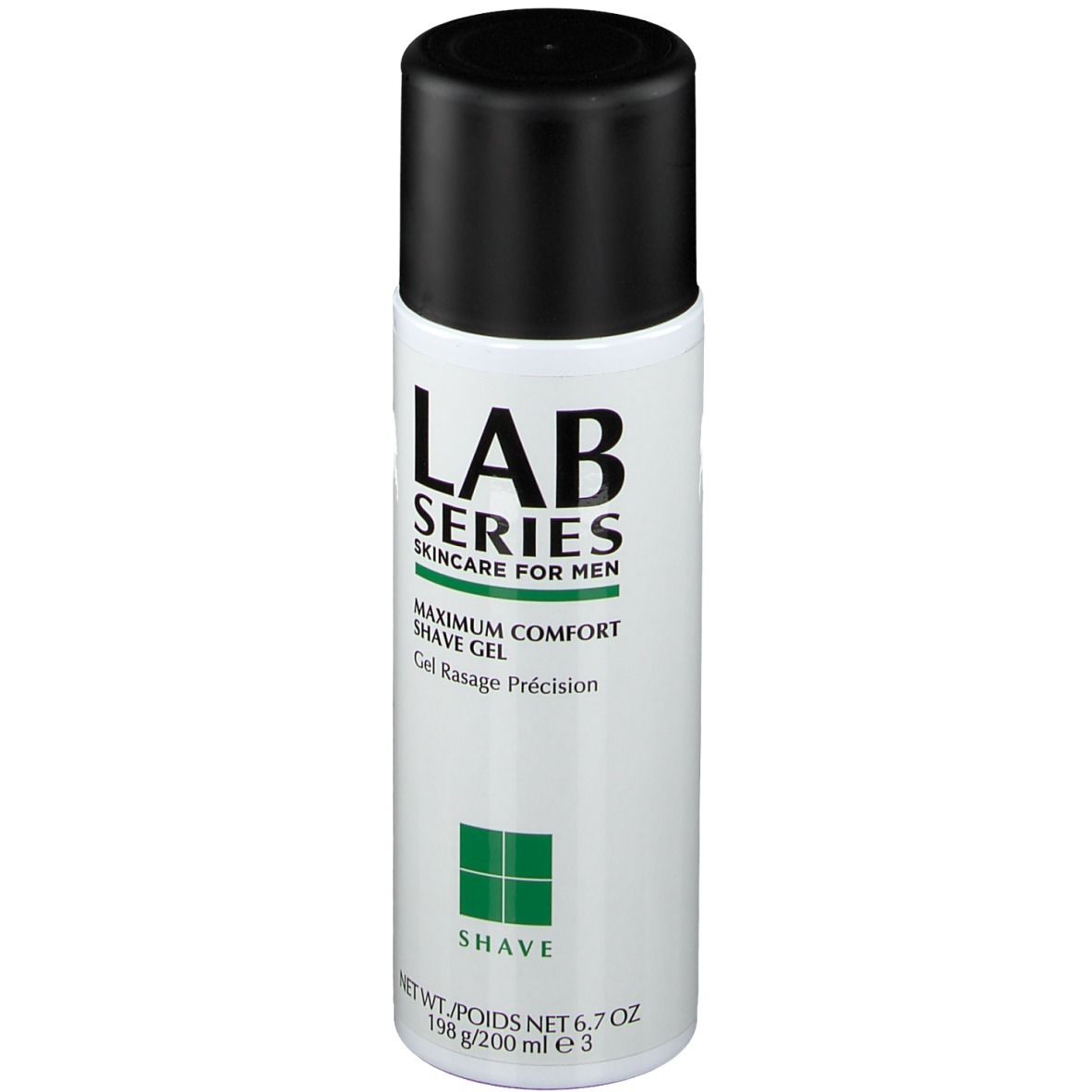 Cilindrische fles met zwarte dop. Opschrift: LAB SERIES, Maximum Comfort Shave Gel. Groen vierkant onderaan.