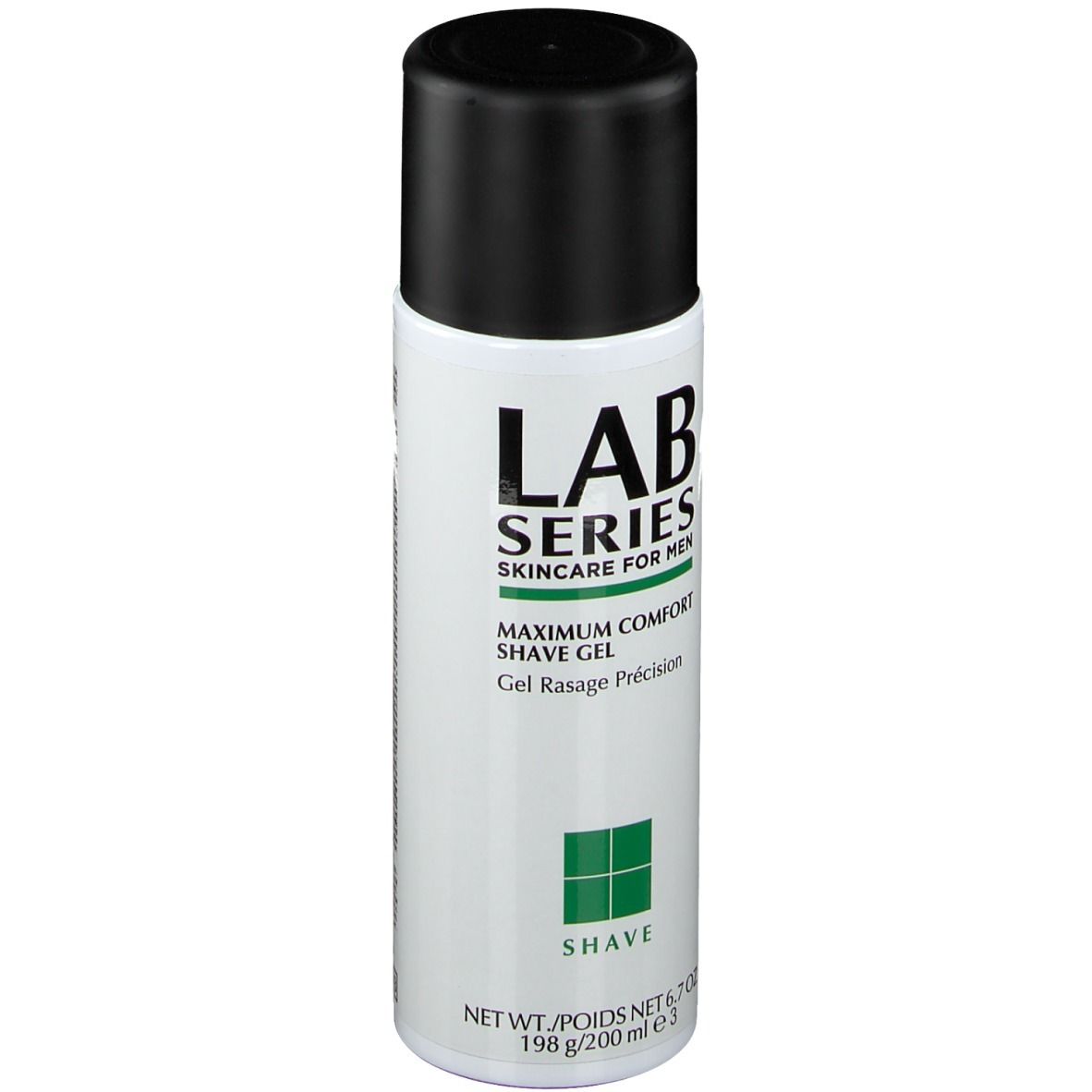 Cilindrische fles met zwarte dop. Opschrift: LAB SERIES, Maximum Comfort Shave Gel. Groen vierkant onderaan.
