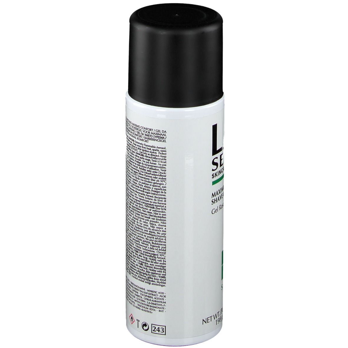 Cilindrische fles, achterkant. Zwarte dop. Tekst in meerdere talen. Waarschuwingen en ingrediënten.