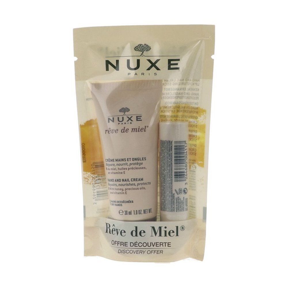 Set NUXE Rêve de Miel : Crème mains et baume à lèvres dans un emballage transparent.
