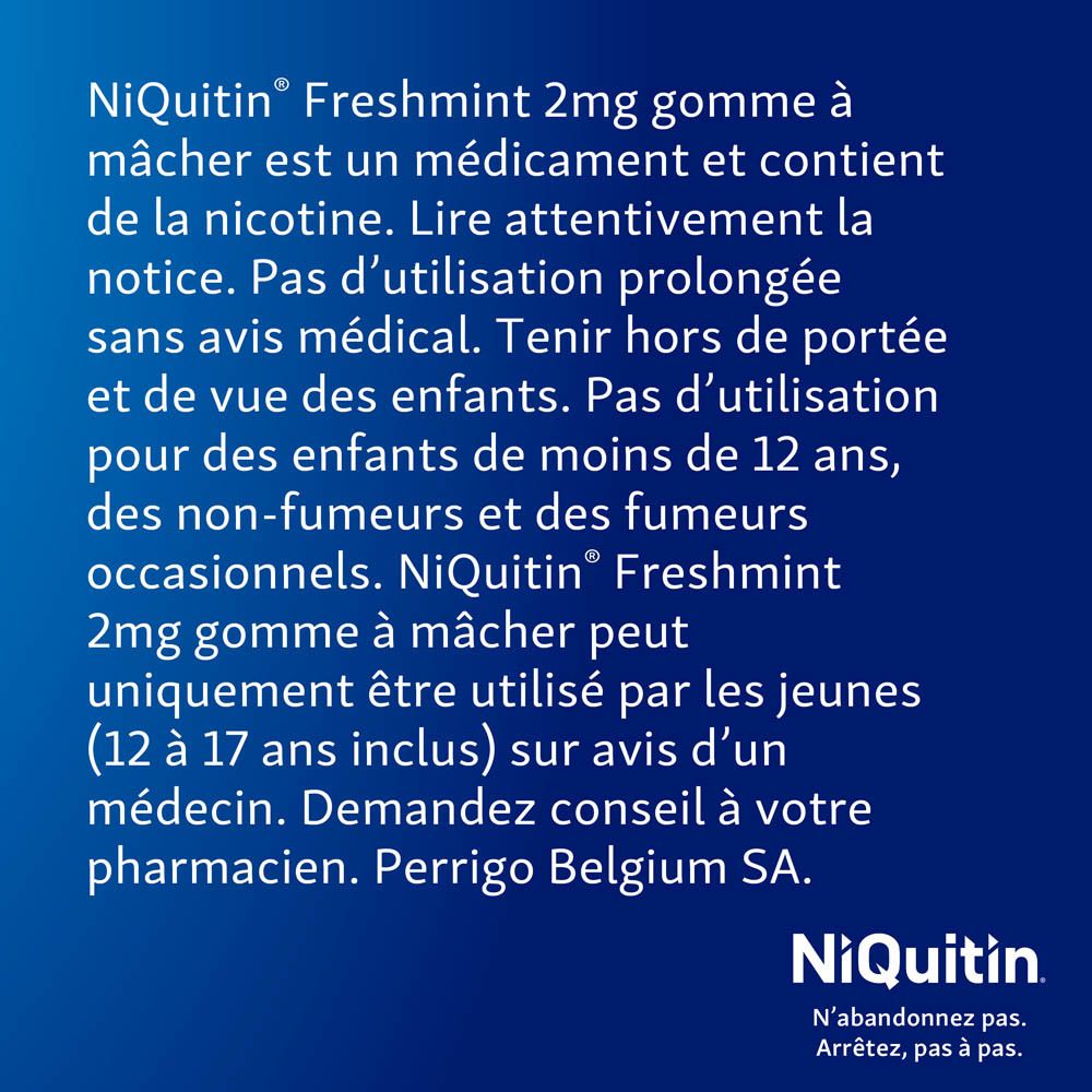 Informations textuelles sur Niquitin Freshmint 2mg. Conseils d'utilisation et avertissements.