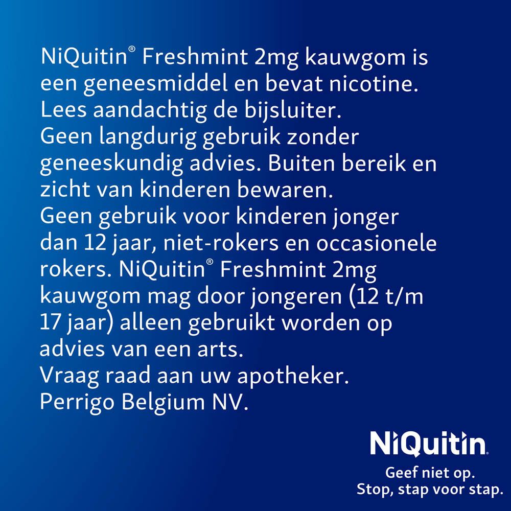 Tekstinformatie over Niquitin Freshmint 2mg kauwgom. Gebruiksadvies en waarschuwingen.