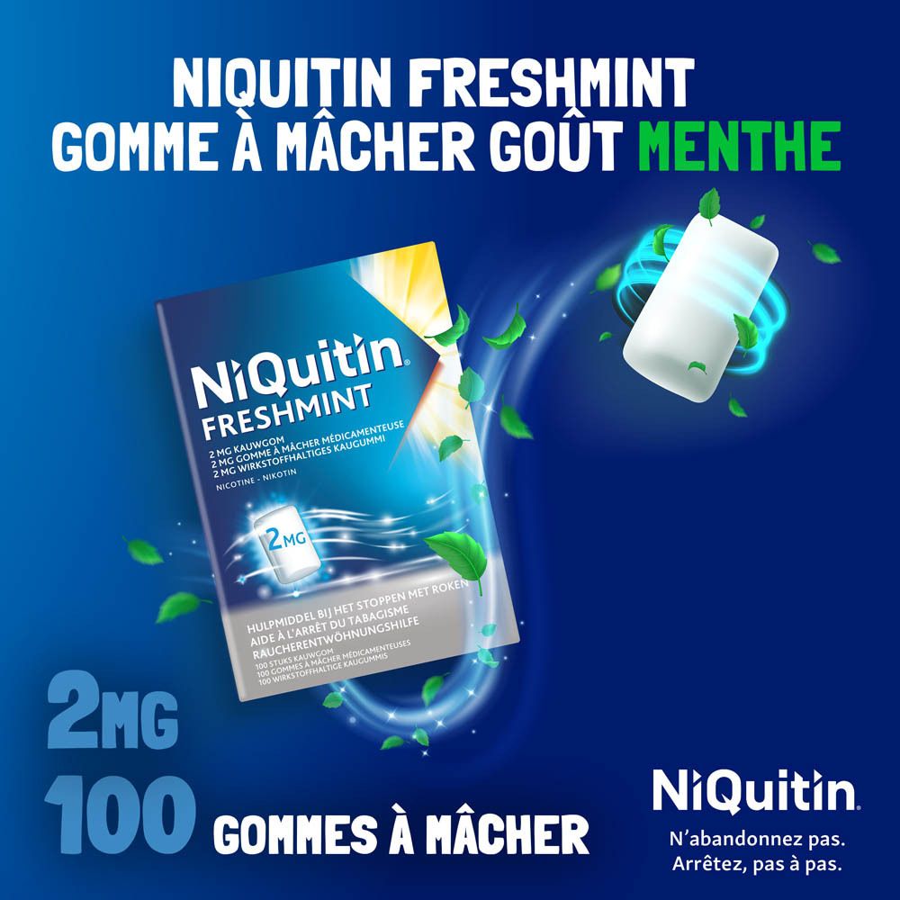 Chewing-gum Niquitin Freshmint goût menthe. Emballage et image du chewing-gum.
