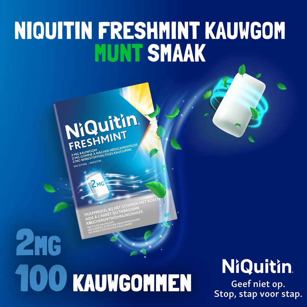 Niquitin Freshmint kauwgom met muntsmaak. Productverpakking en afbeelding van kauwgom.