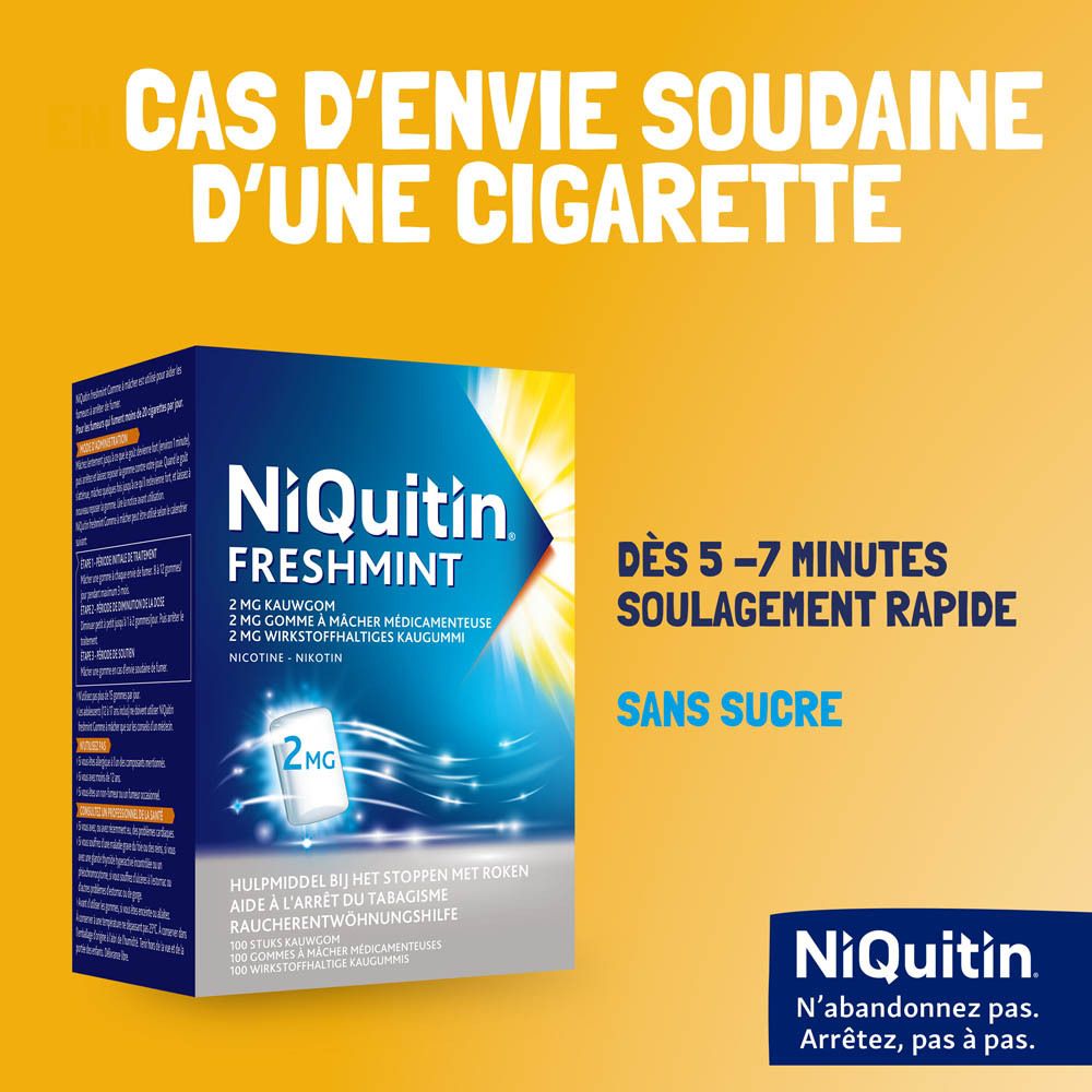 Chewing-gum Niquitin Freshmint. Soulagement rapide en cas d'envie soudaine. Sans sucre.