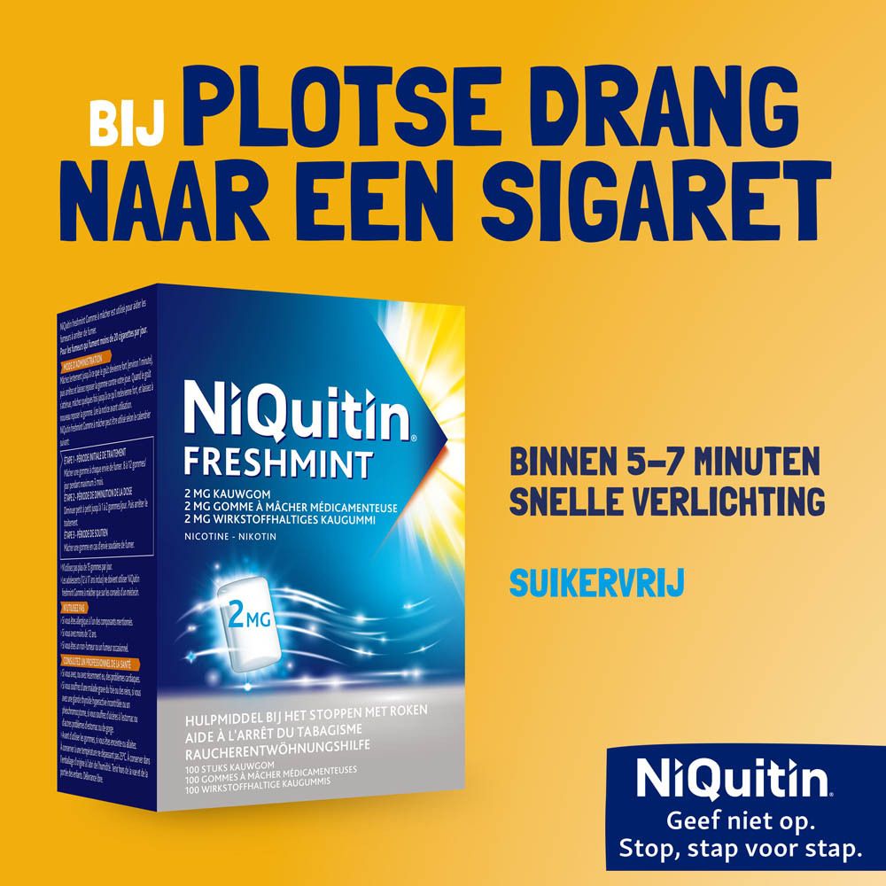 Niquitin Freshmint kauwgom. Snelle verlichting bij plotselinge trek. Suikervrij.